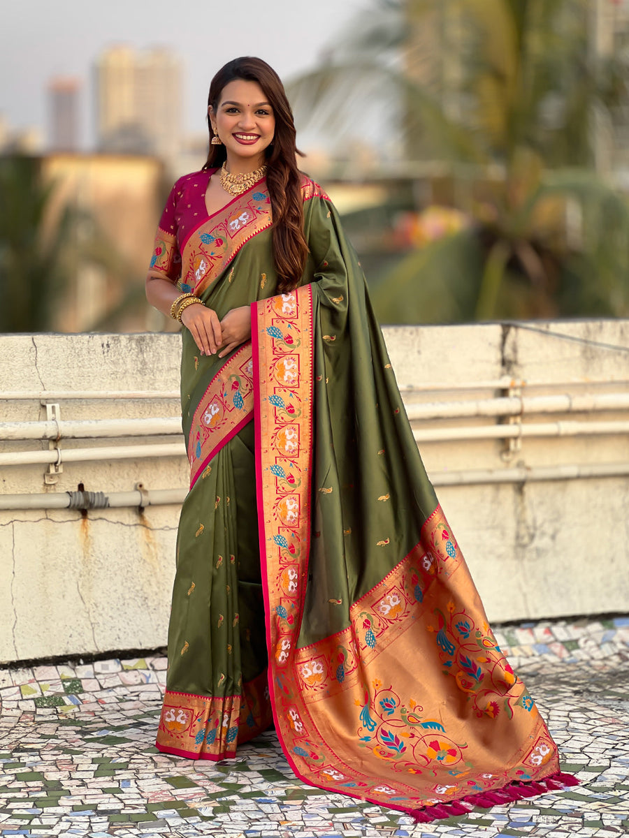 Mehendi Green Soft Silk Swan Rajhans Paithani Saree