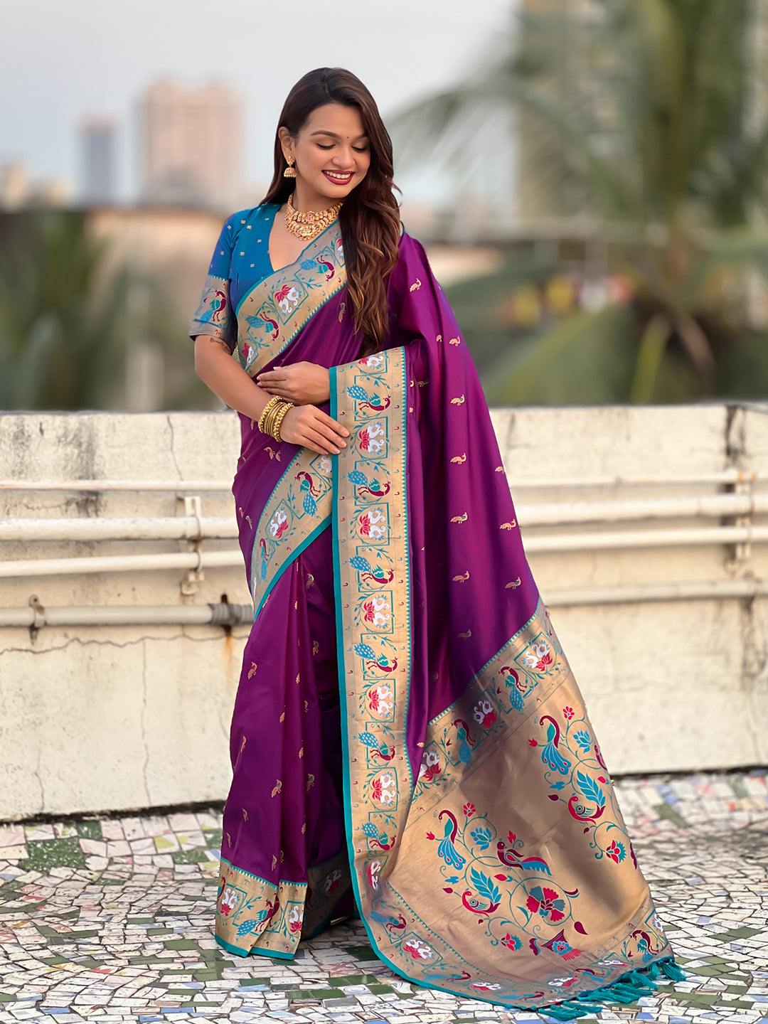Purple Soft Silk Swan Rajhans Paithani Saree