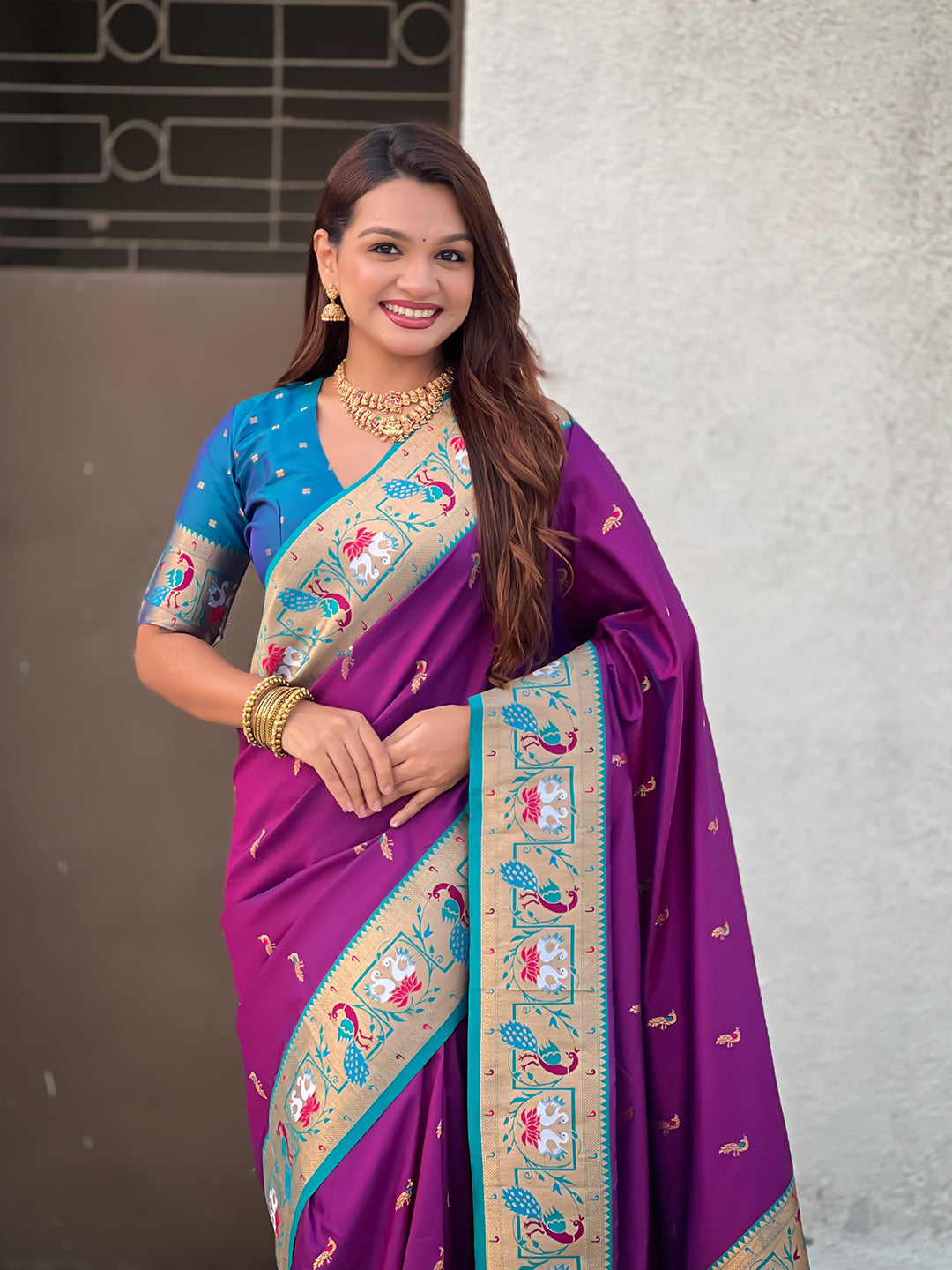 Purple Soft Silk Swan Rajhans Paithani Saree