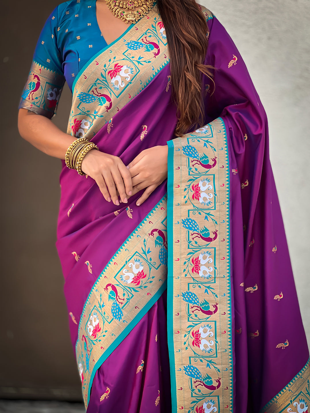 Purple Soft Silk Swan Rajhans Paithani Saree
