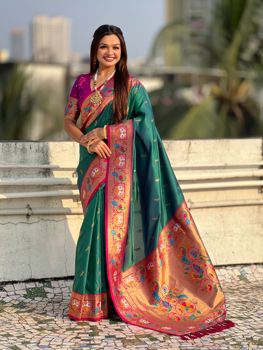 Green Soft Silk Swan Rajhans Paithani Saree