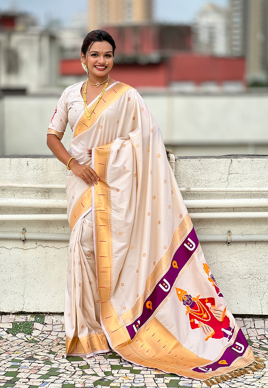 Cream Zari Woven Vitthala God Special Traditional Paithani Silk Saree