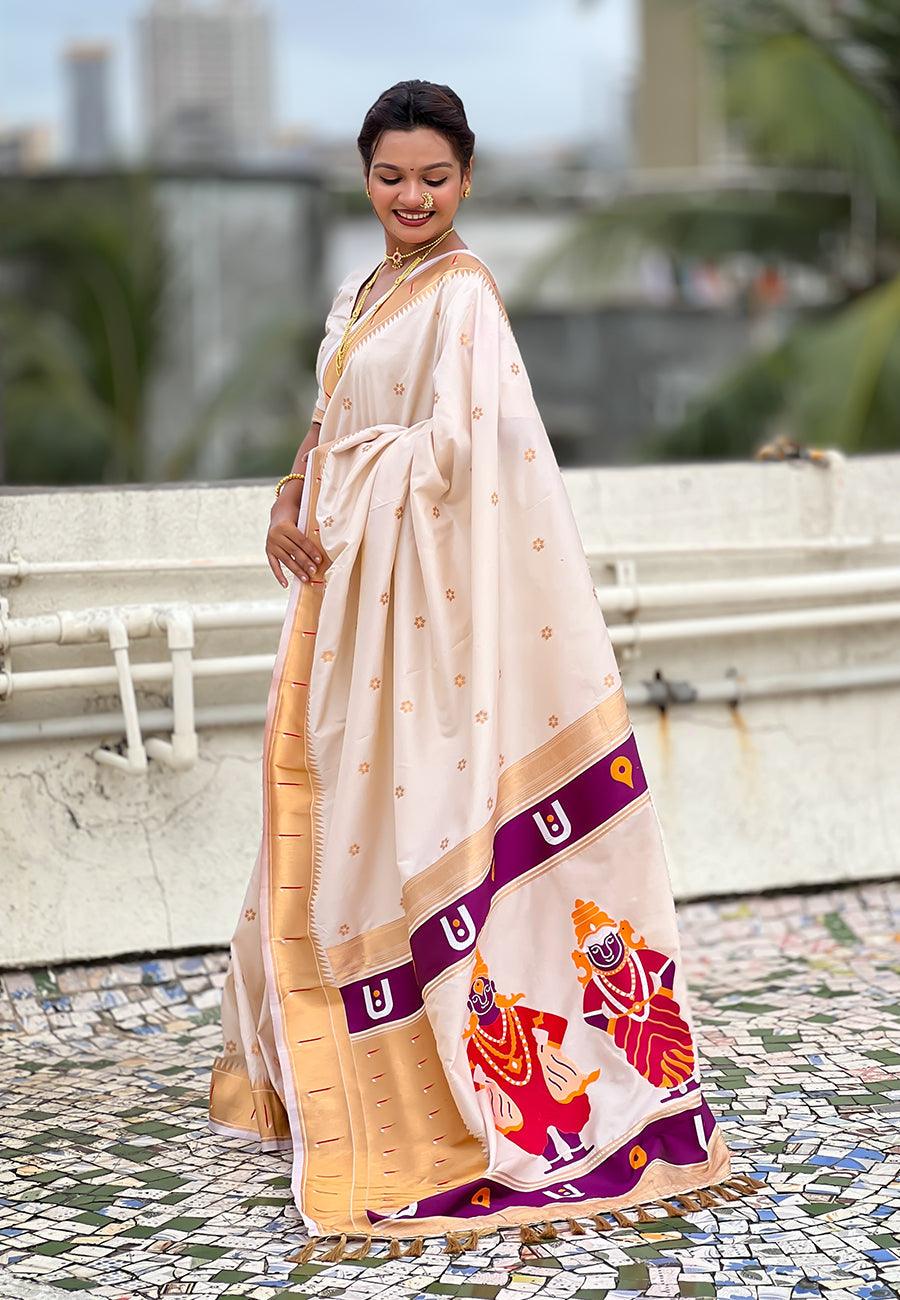 Cream Zari Woven Vitthala God Special Traditional Paithani Silk Saree