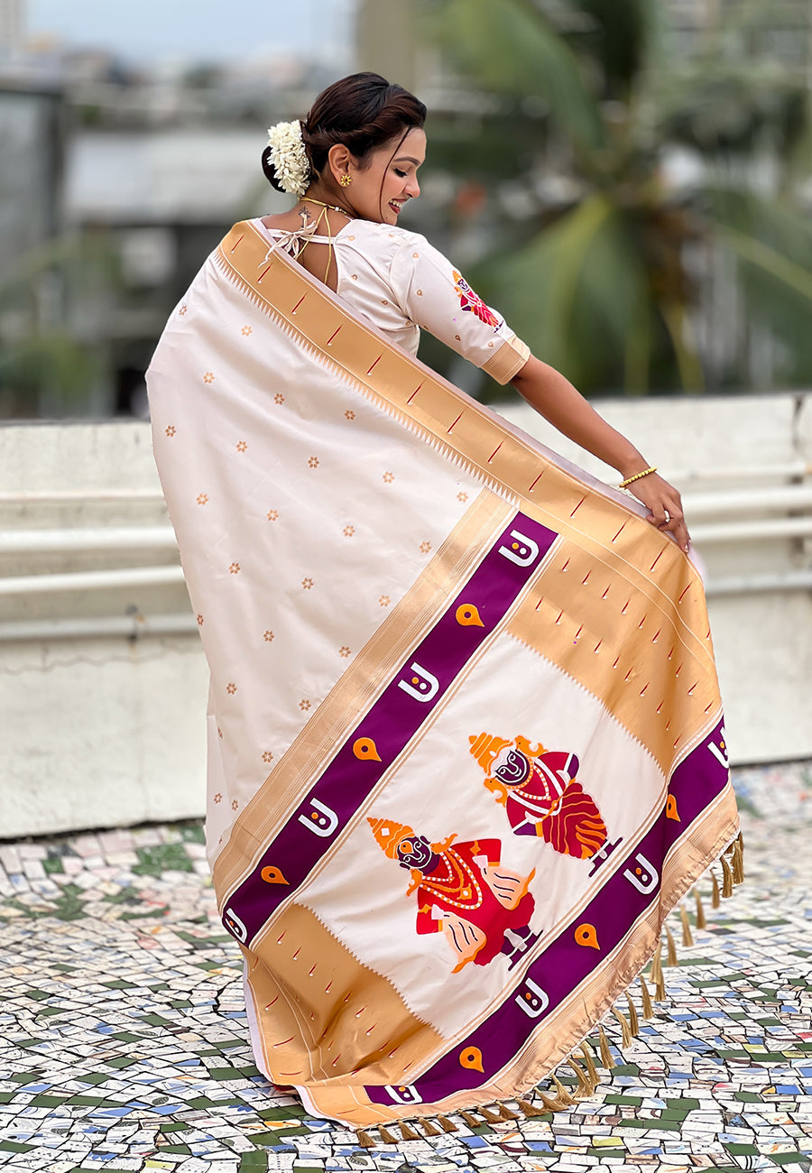 Cream Zari Woven Vitthala God Special Traditional Paithani Silk Saree