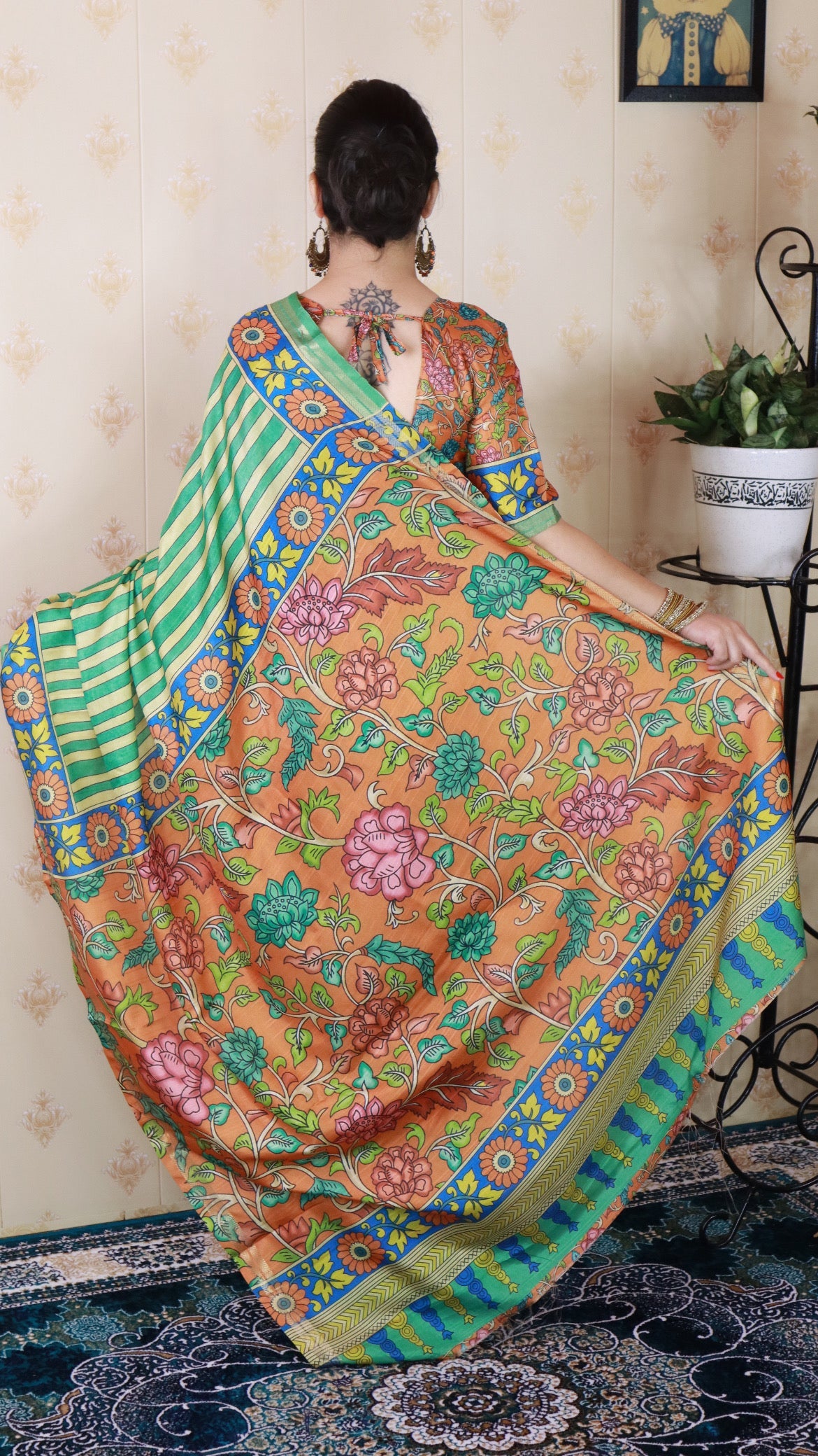 Sea Green Soft Tussar Silk Striped Party Wear Printed Zari Woven Saree