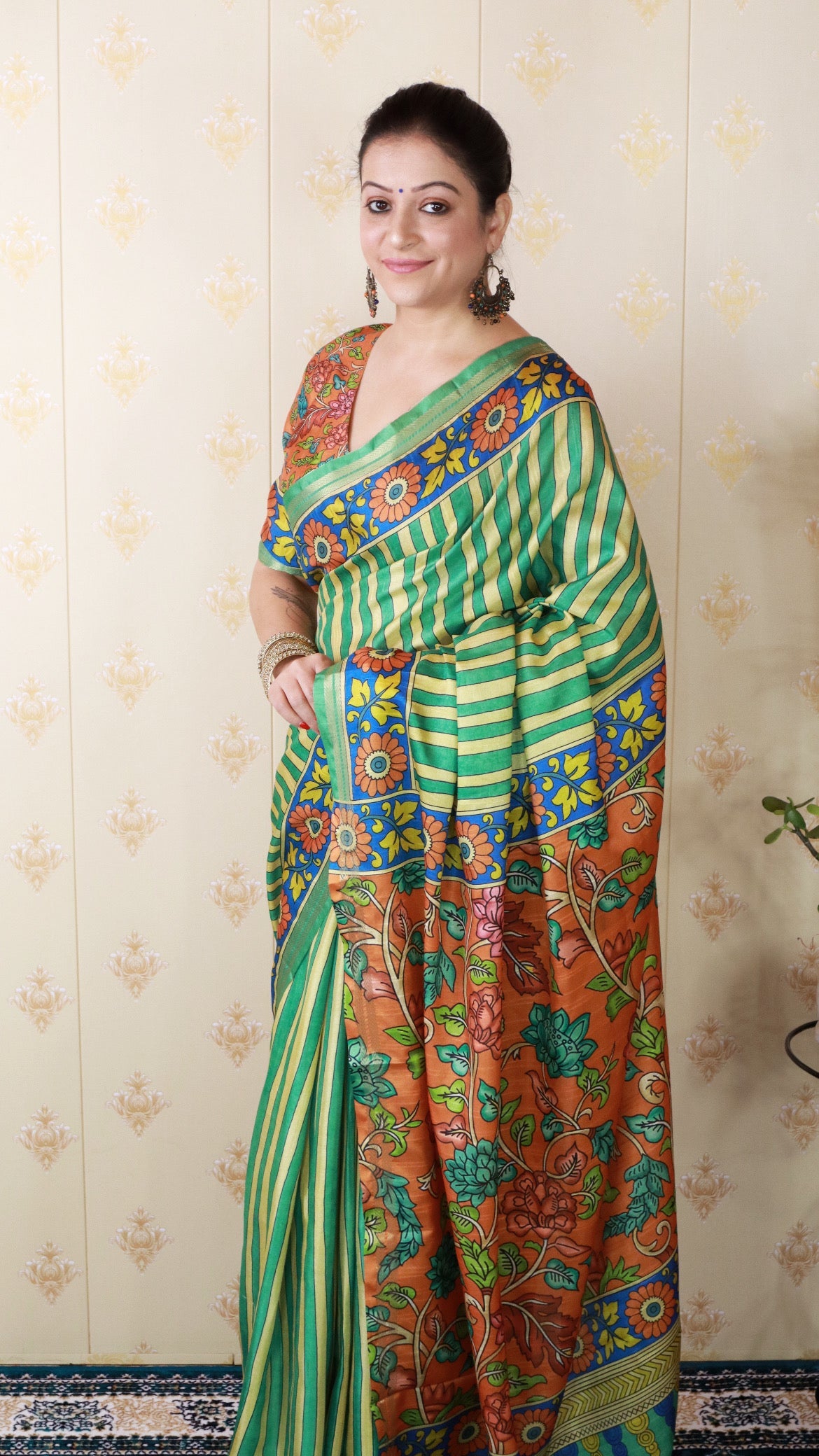 Sea Green Soft Tussar Silk Striped Party Wear Printed Zari Woven Saree