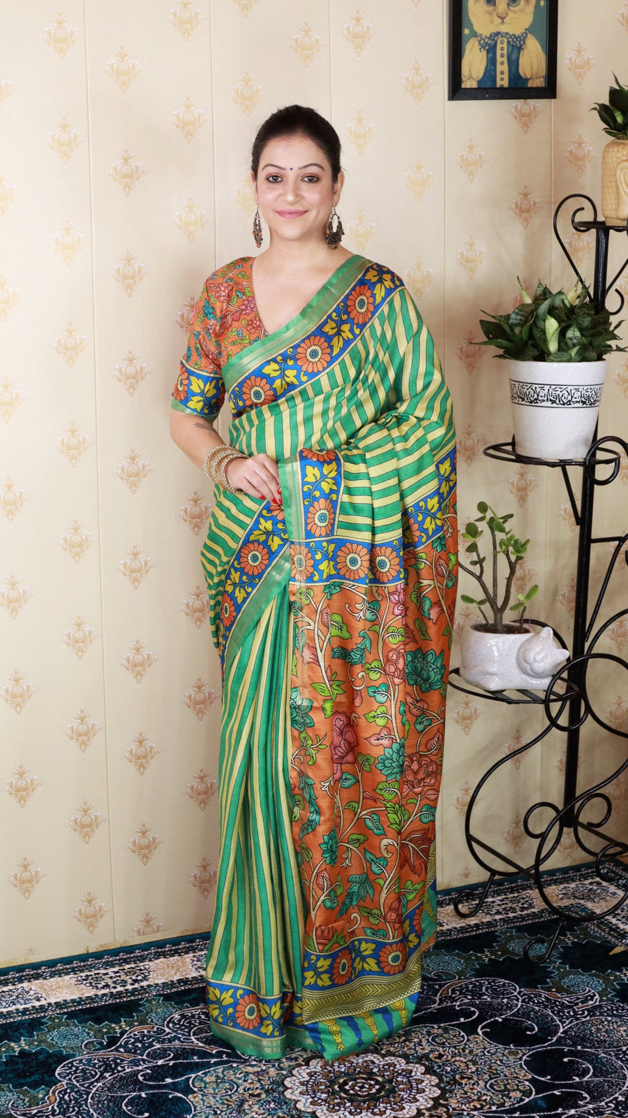 Sea Green Soft Tussar Silk Striped Party Wear Printed Zari Woven Saree