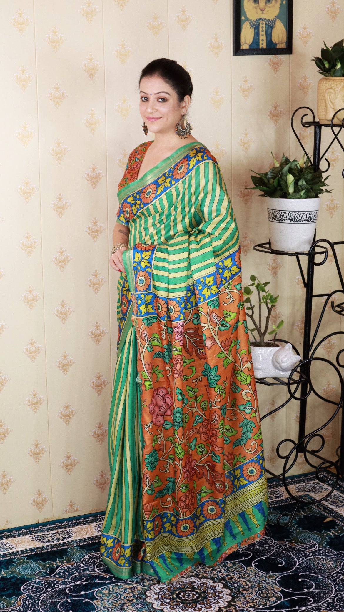 Sea Green Soft Tussar Silk Striped Party Wear Printed Zari Woven Saree