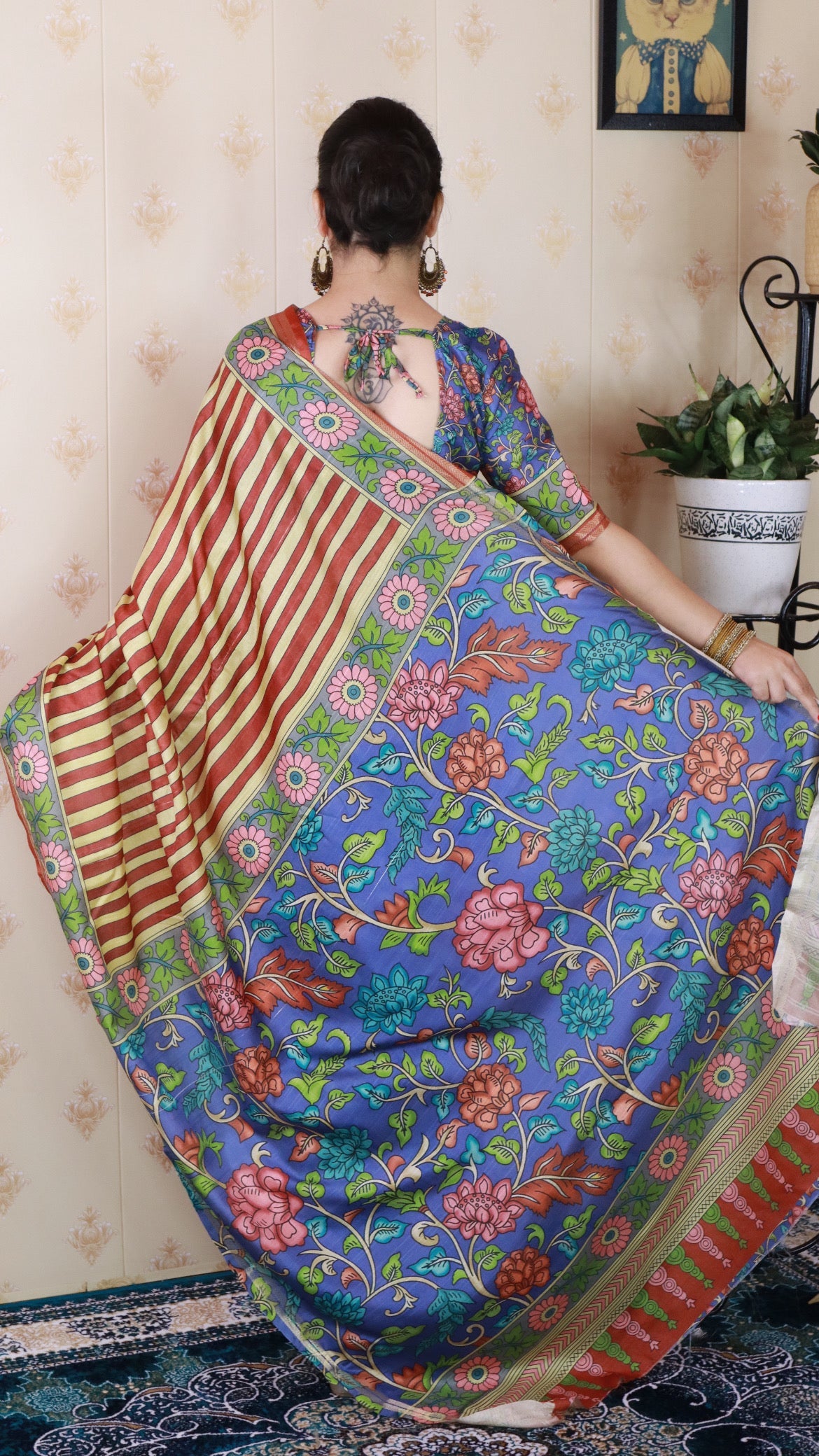 Brown Soft Tussar Silk Striped Party Wear Printed Zari Woven Saree