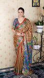 Brown Soft Tussar Silk Striped Party Wear Printed Zari Woven Saree