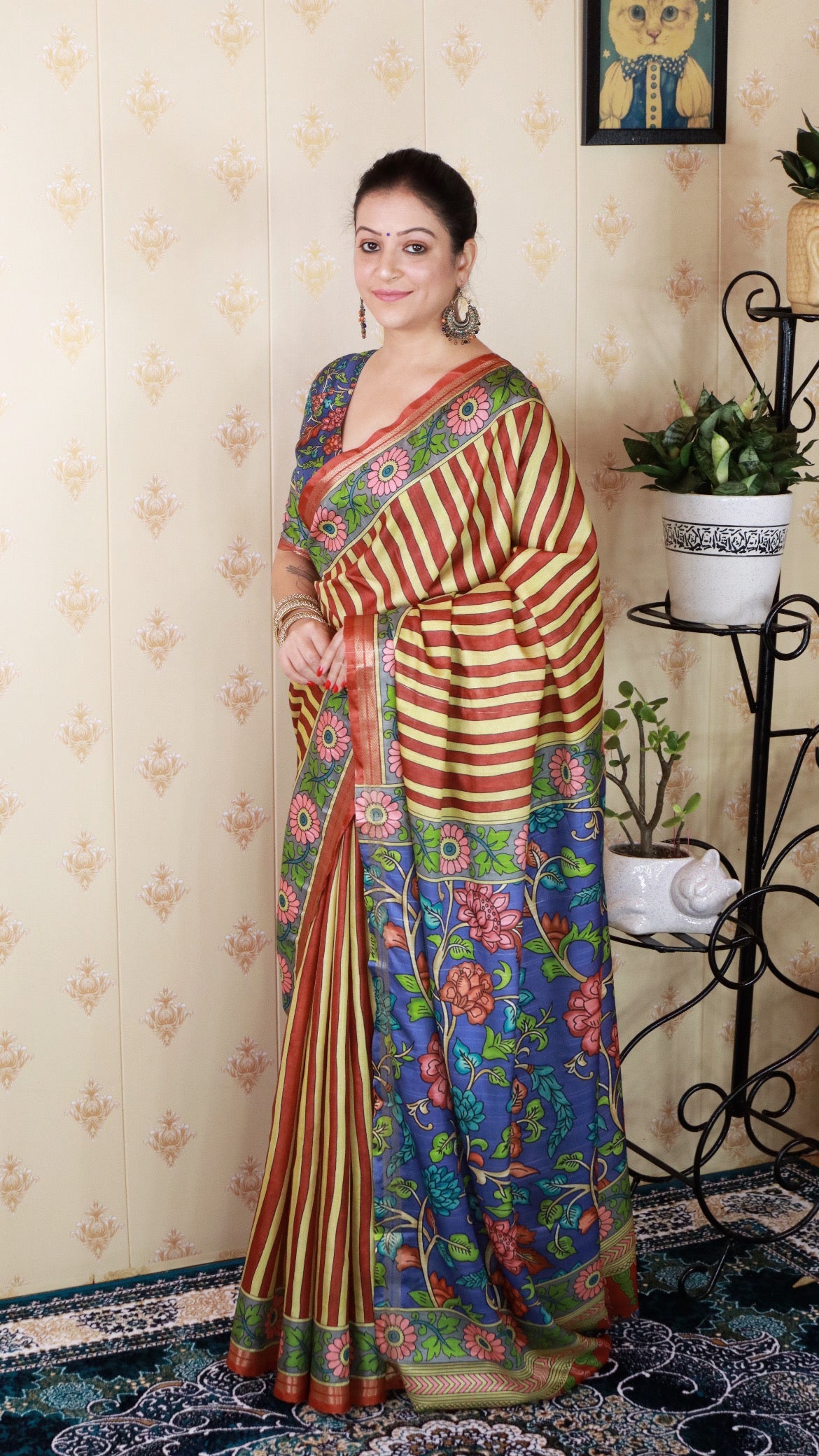 Brown Soft Tussar Silk Striped Party Wear Printed Zari Woven Saree
