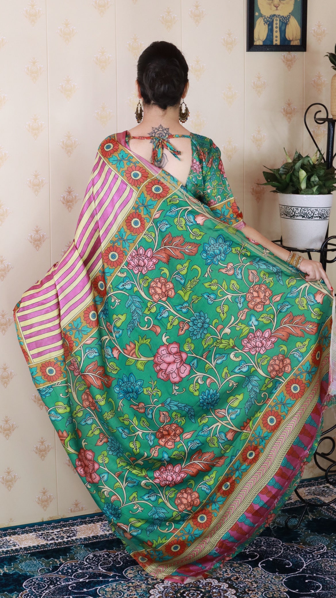 Pink Soft Tussar Silk Striped Party Wear Printed Zari Woven Saree