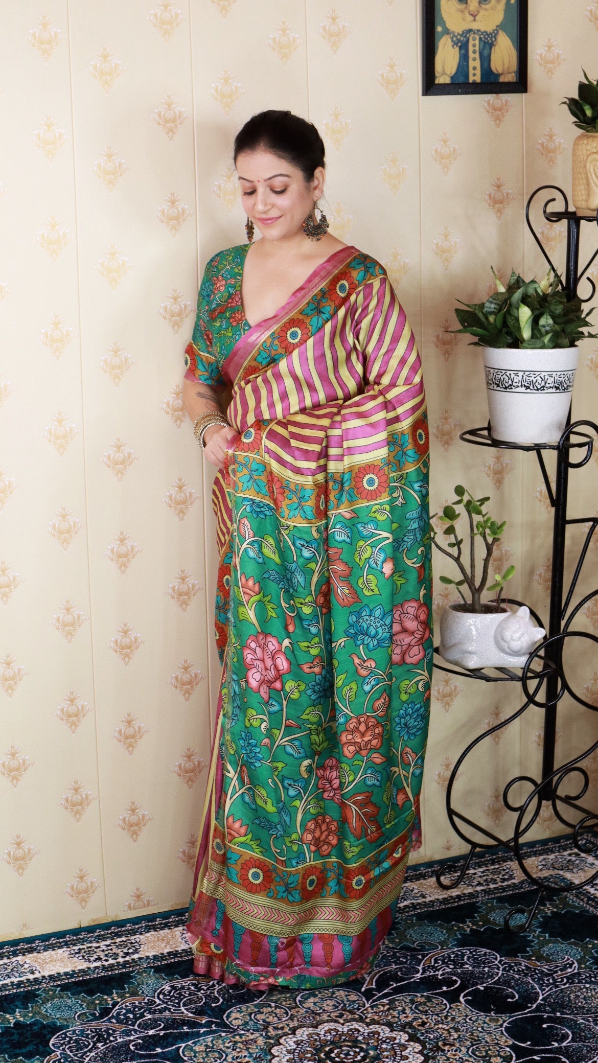 Pink Soft Tussar Silk Striped Party Wear Printed Zari Woven Saree