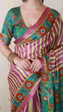 Pink Soft Tussar Silk Striped Party Wear Printed Zari Woven Saree