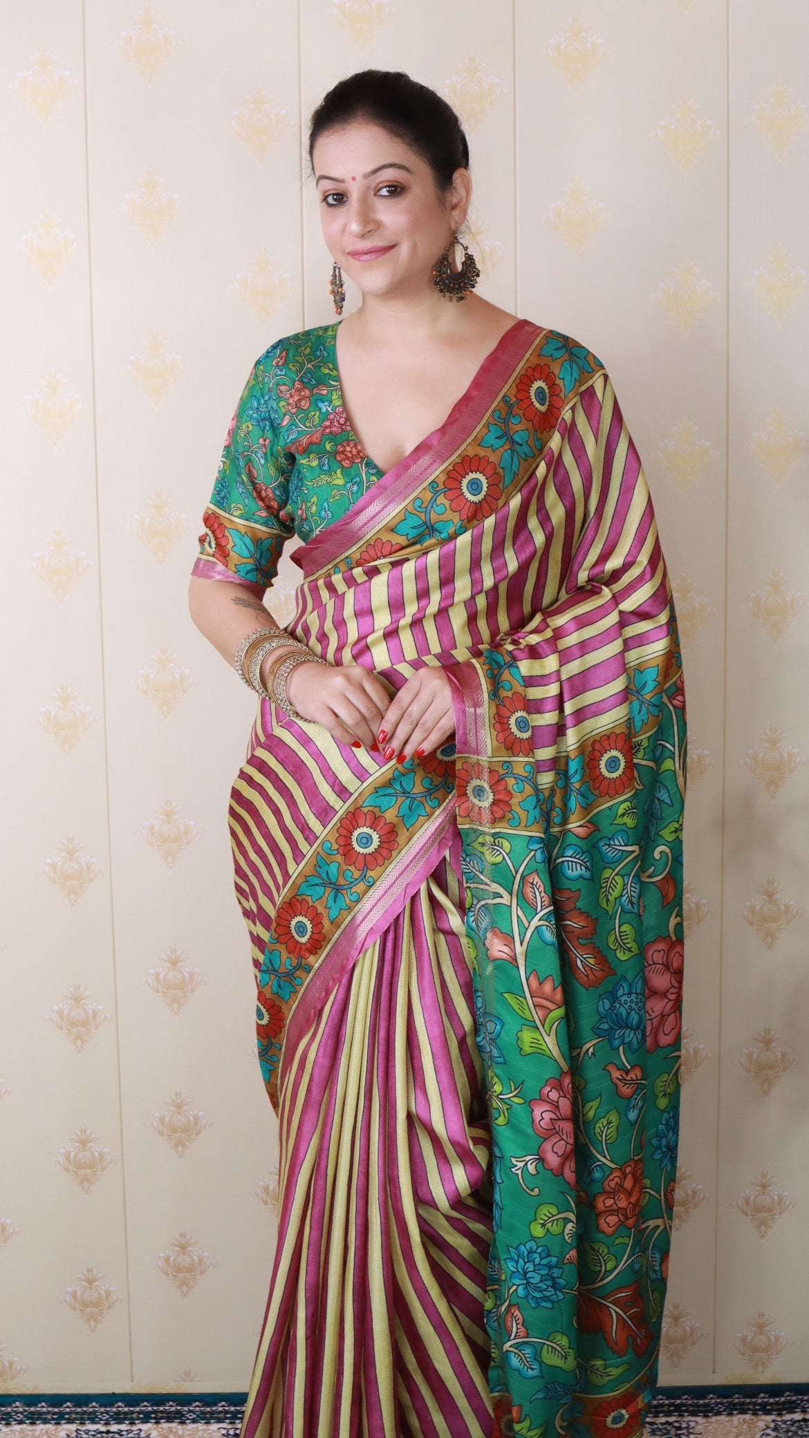 Pink Soft Tussar Silk Striped Party Wear Printed Zari Woven Saree