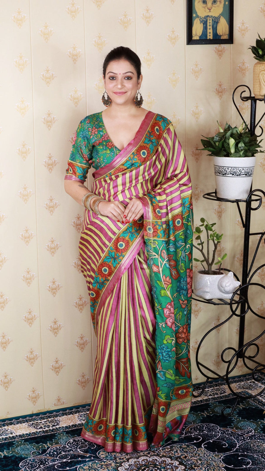Pink Soft Tussar Silk Striped Party Wear Printed Zari Woven Saree