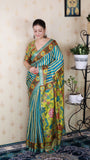Blue Soft Tussar Silk Striped Party Wear Printed Zari Woven Saree