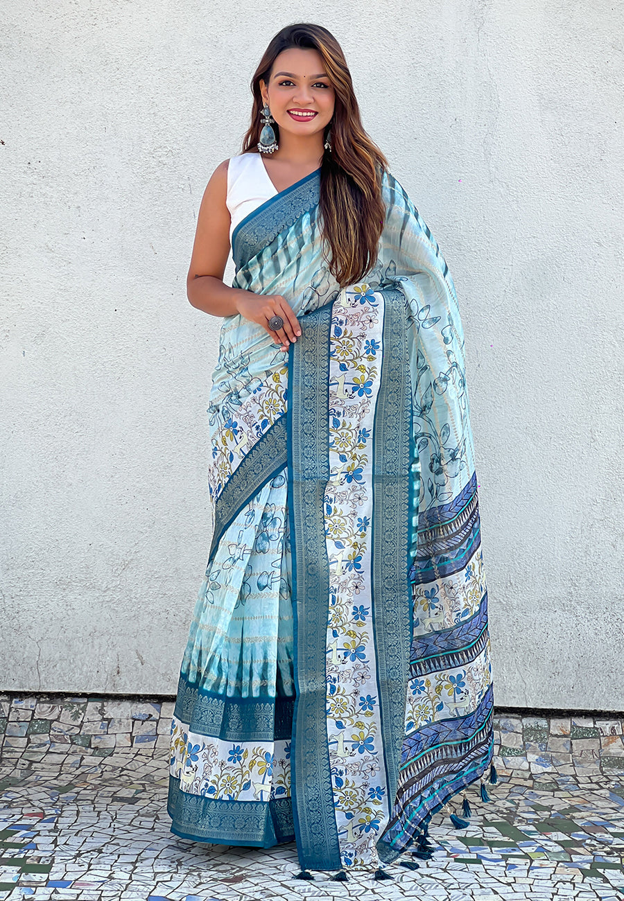 Sky Chanderi Crush Silk Floral Printed Saree with Zari Woven Jacquard Panel Border