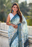 Sky Chanderi Crush Silk Floral Printed Saree with Zari Woven Jacquard Panel Border