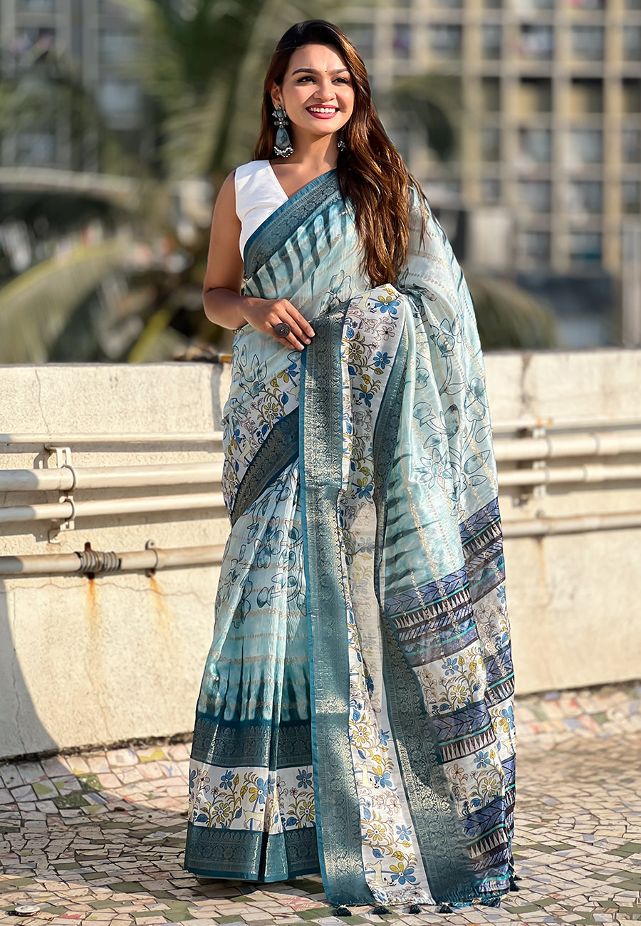 Sky Chanderi Crush Silk Floral Printed Saree with Zari Woven Jacquard Panel Border
