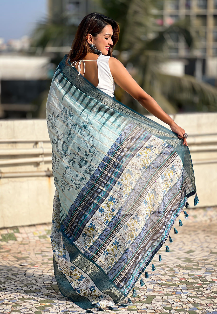 Sky Chanderi Crush Silk Floral Printed Saree with Zari Woven Jacquard Panel Border