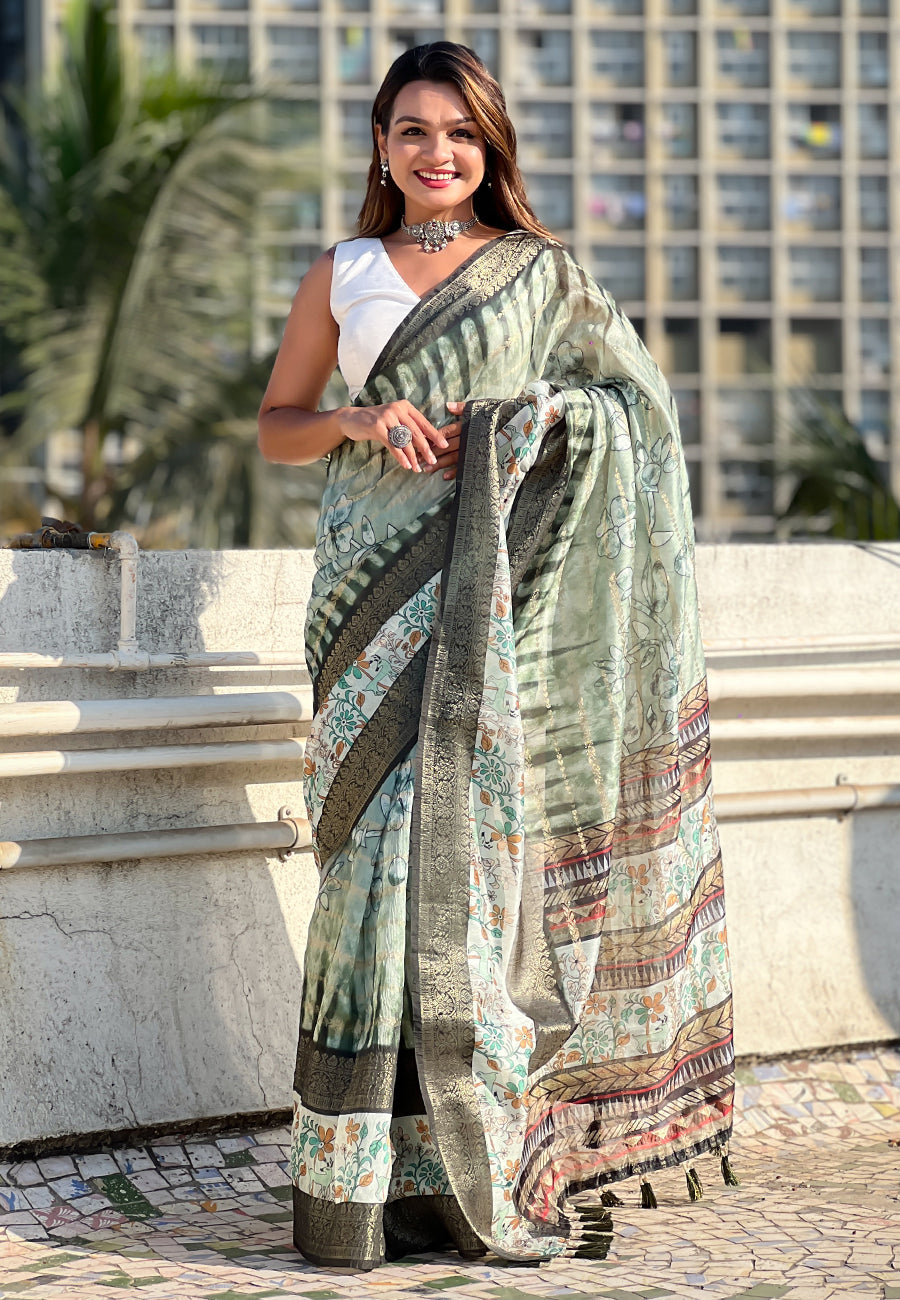 Pista Chanderi Crush Silk Floral Printed Saree with Zari Woven Jacquard Panel Border