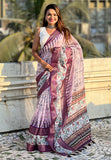 Lavender Chanderi Crush Silk Floral Printed Saree with Zari Woven Jacquard Panel Border