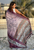 Lavender Chanderi Crush Silk Floral Printed Saree with Zari Woven Jacquard Panel Border