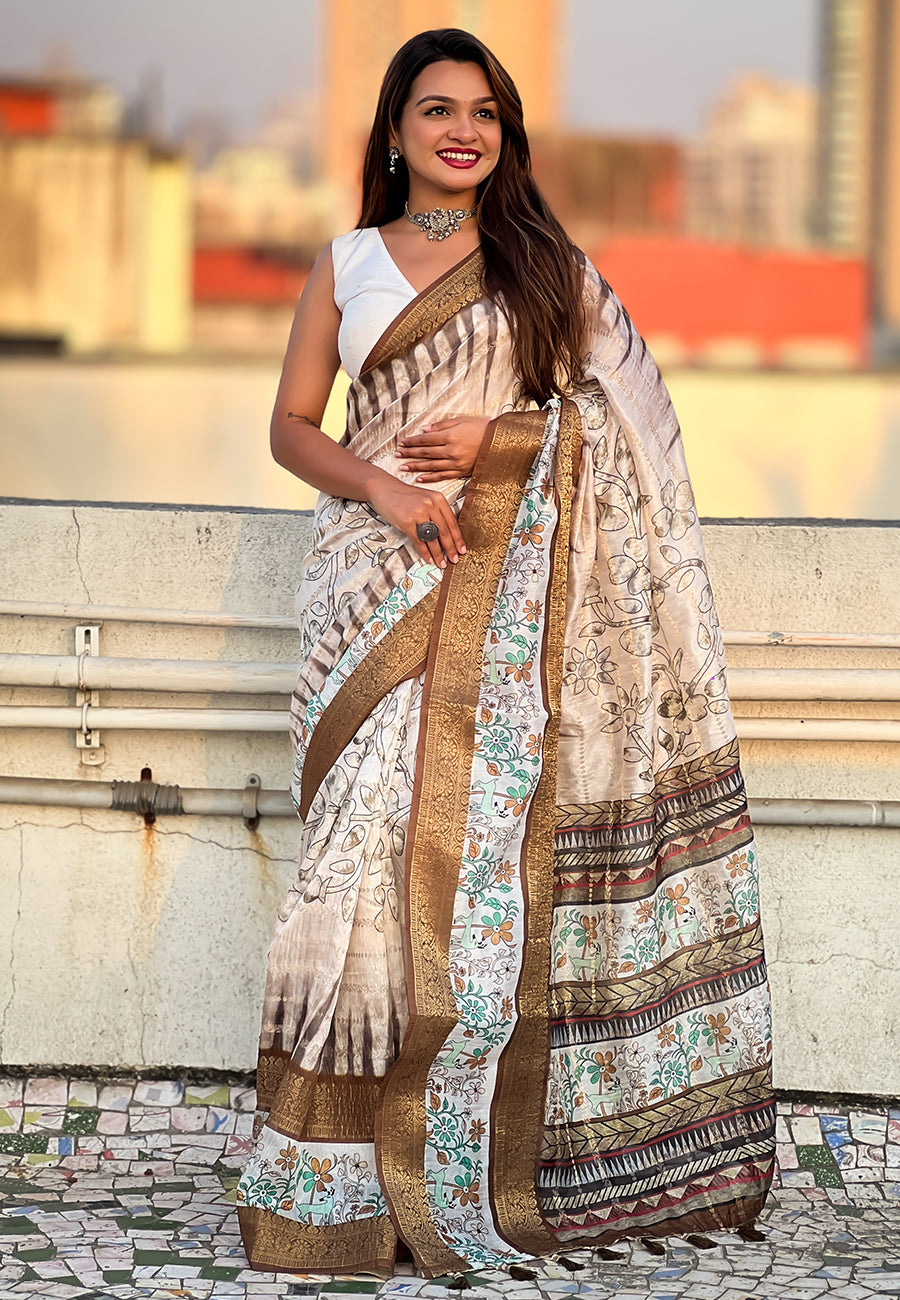 Mehendi Green Chanderi Crush Silk Floral Printed Saree with Zari Woven Jacquard Panel Border
