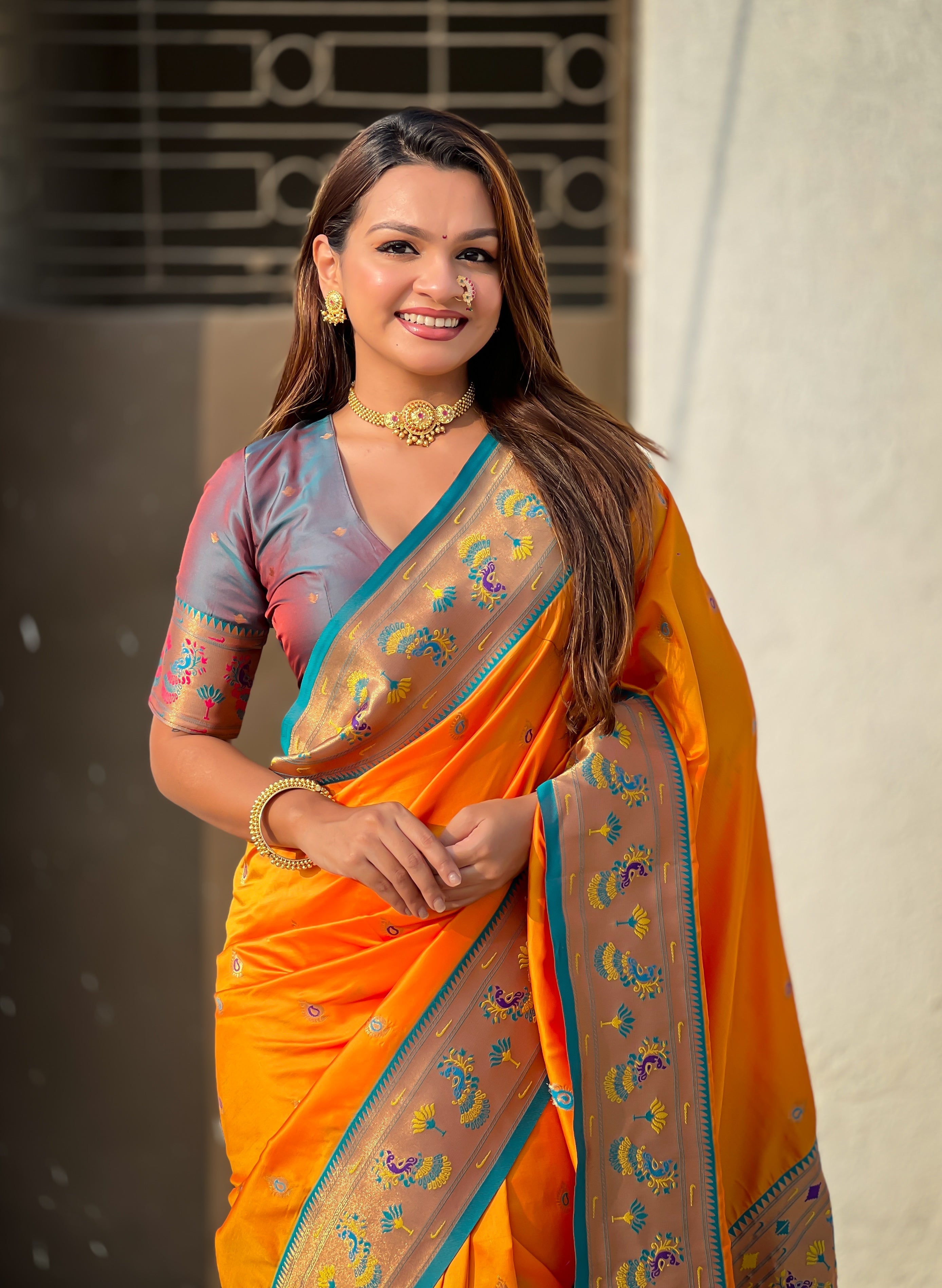 Orange Zari Woven Tiny Nath Meenakari Contrast Yeola Paithani Silk Saree