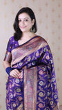 Violet Banarasi Jaal Soft Silk Gold Zari Meenakari Woven Saree