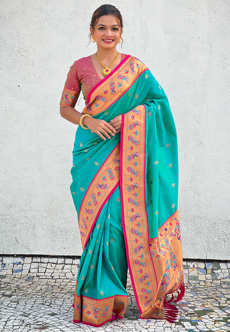Sky Blue Zari Woven Tiny Nath Meenakari Contrast Yeola Paithani Silk Saree