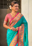 Sky Blue Zari Woven Tiny Nath Meenakari Contrast Yeola Paithani Silk Saree