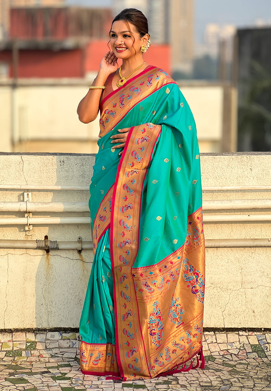 Sky Blue Zari Woven Tiny Nath Meenakari Contrast Yeola Paithani Silk Saree