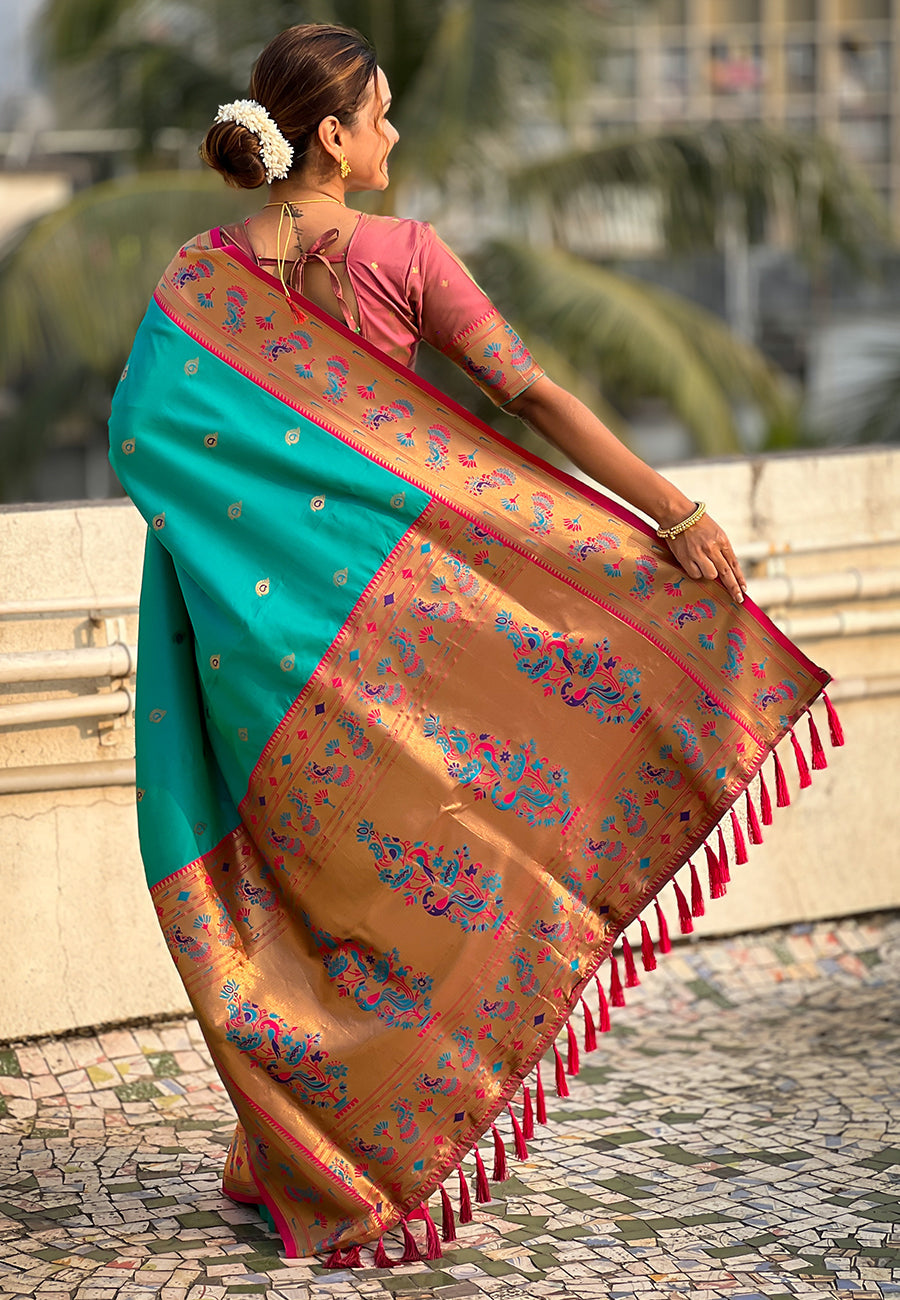 Sky Blue Zari Woven Tiny Nath Meenakari Contrast Yeola Paithani Silk Saree