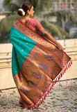 Sky Blue Zari Woven Tiny Nath Meenakari Contrast Yeola Paithani Silk Saree