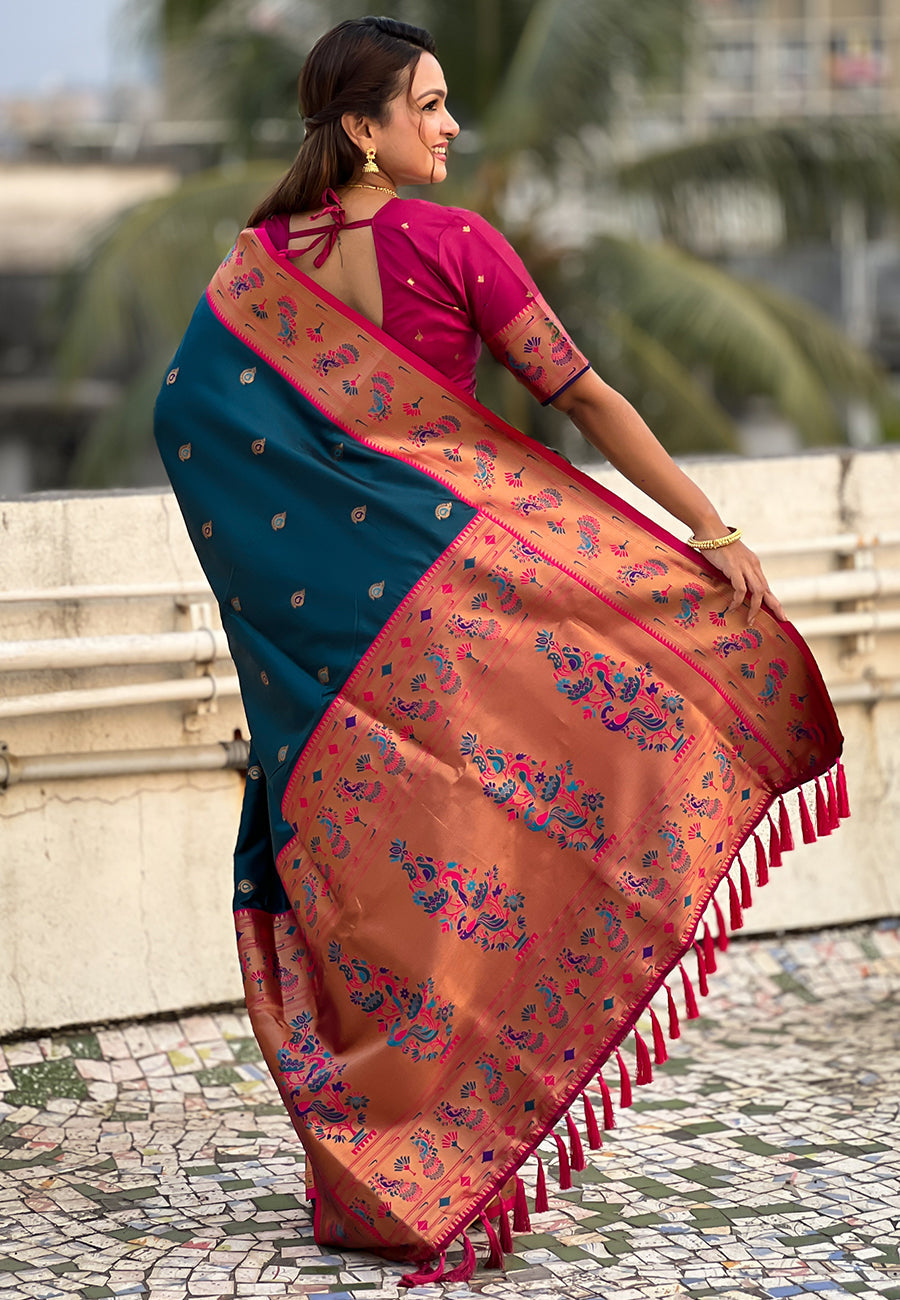 Denim Blue Zari Woven Tiny Nath Meenakari Contrast Yeola Paithani Silk Saree