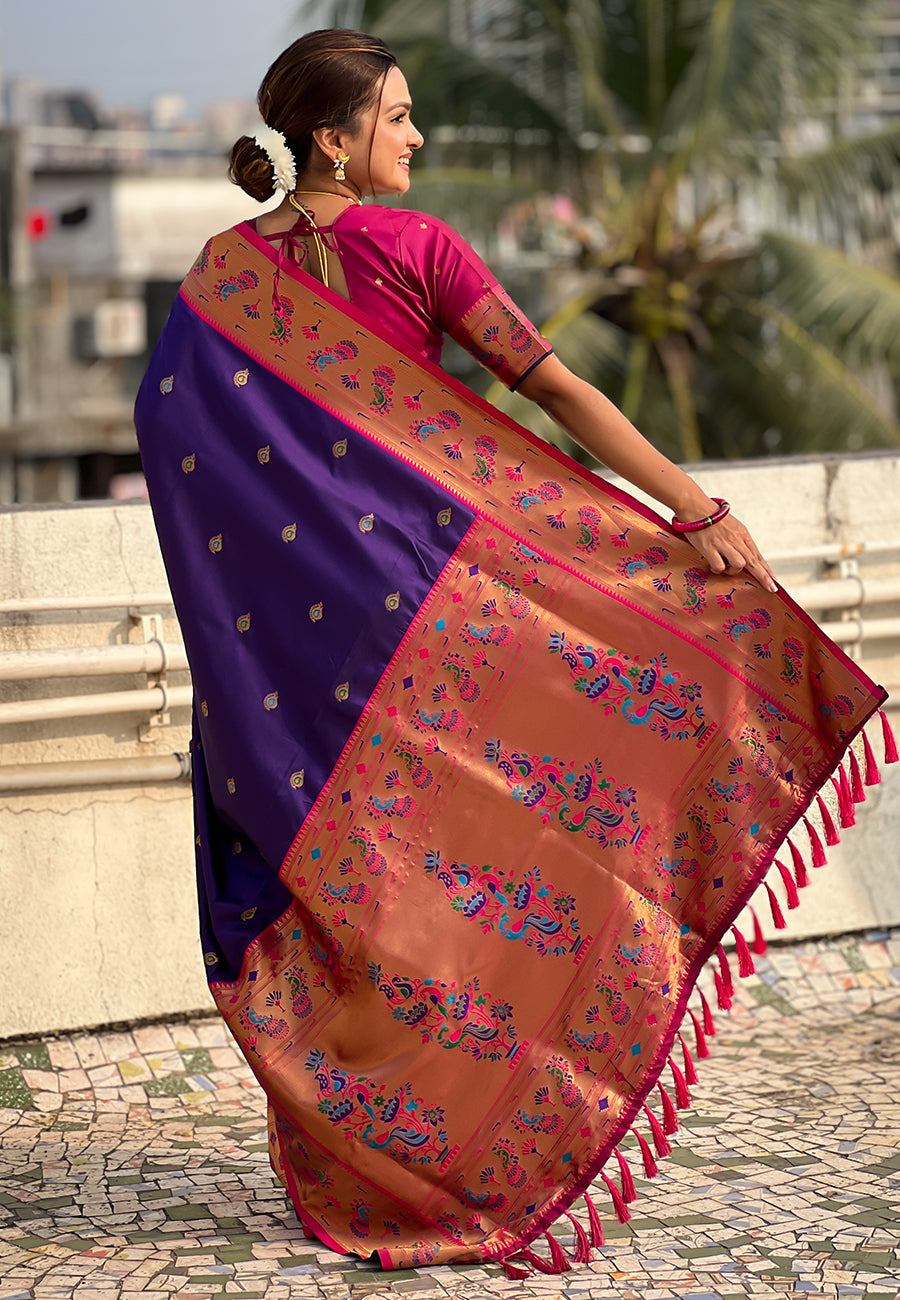 Violet Zari Woven Tiny Nath Meenakari Contrast Yeola Paithani Silk Saree