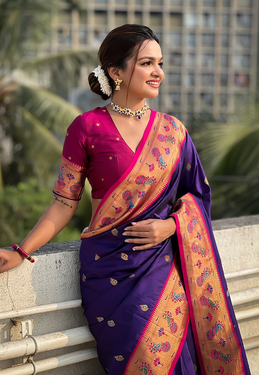 Violet Zari Woven Tiny Nath Meenakari Contrast Yeola Paithani Silk Saree