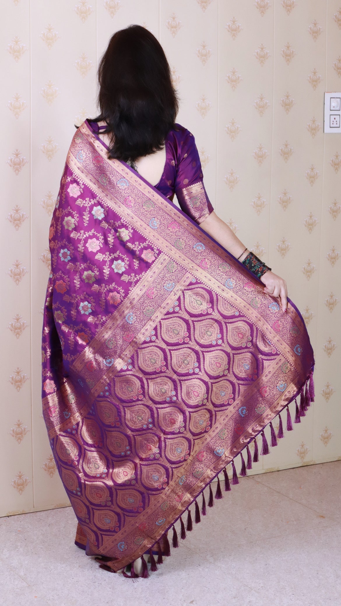 Purple Banarasi Jaal Soft Silk Gold Zari Meenakari Woven Saree