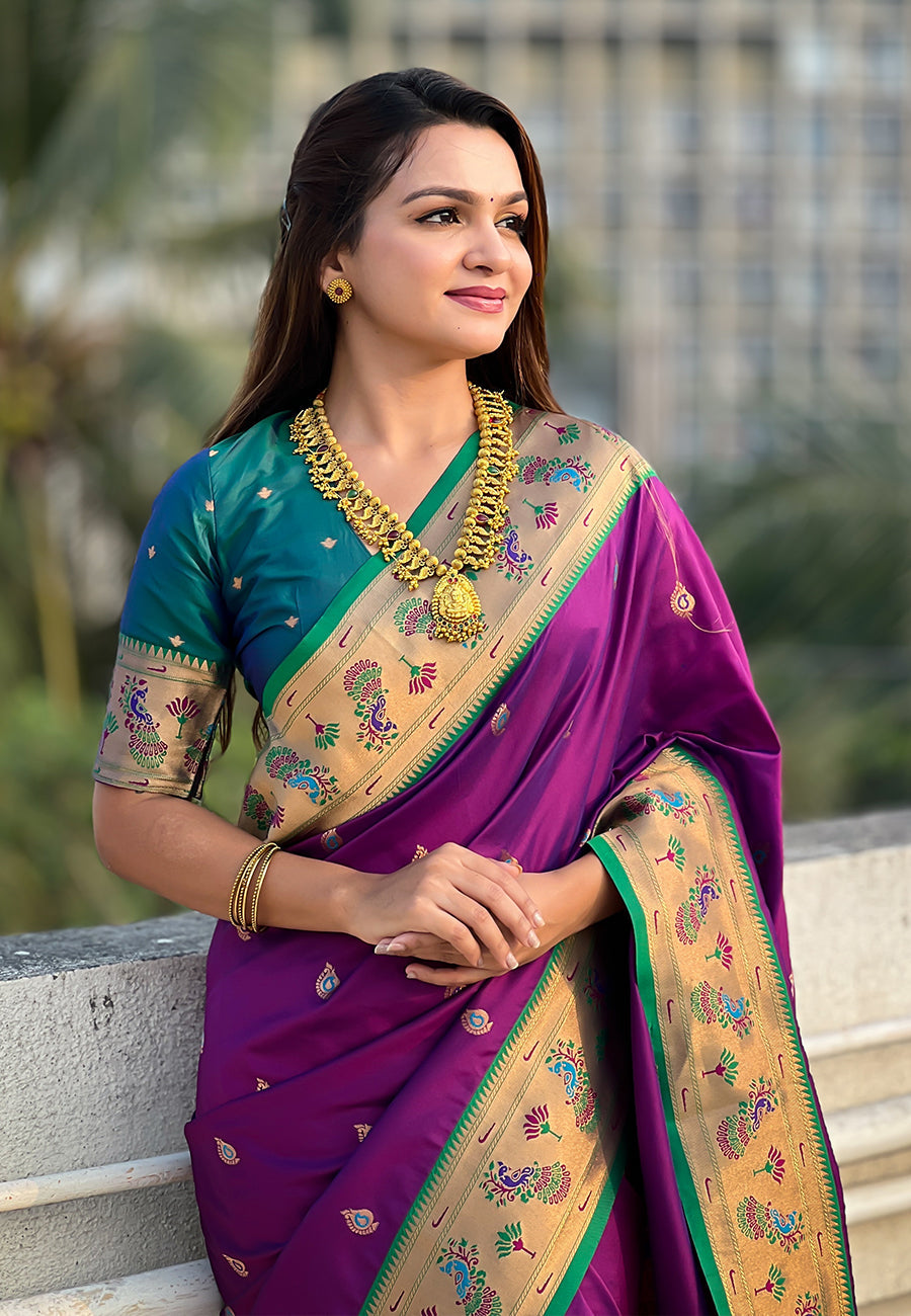 Wine Zari Woven Tiny Nath Meenakari Contrast Yeola Paithani Silk Saree