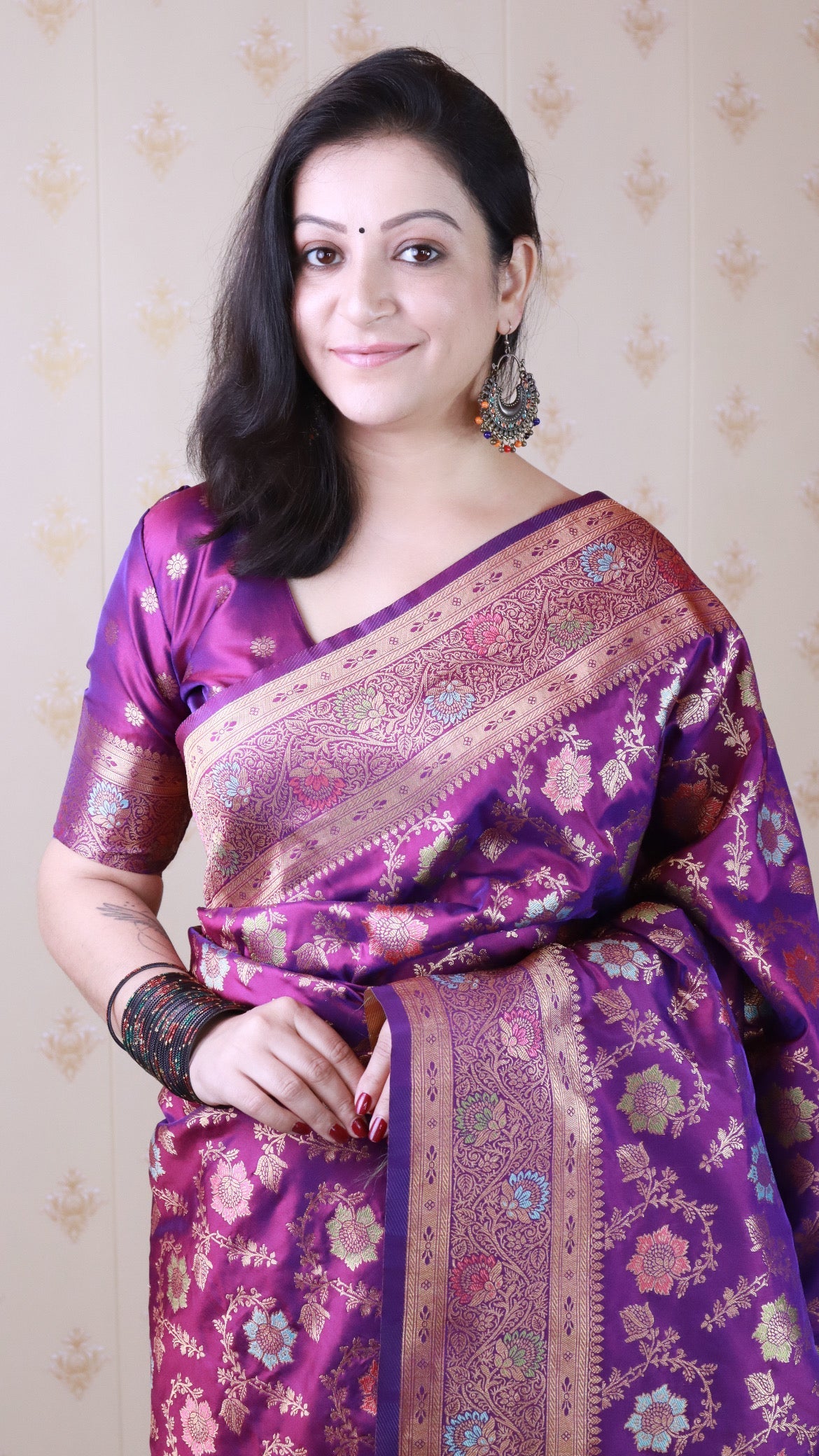 Purple Banarasi Jaal Soft Silk Gold Zari Meenakari Woven Saree