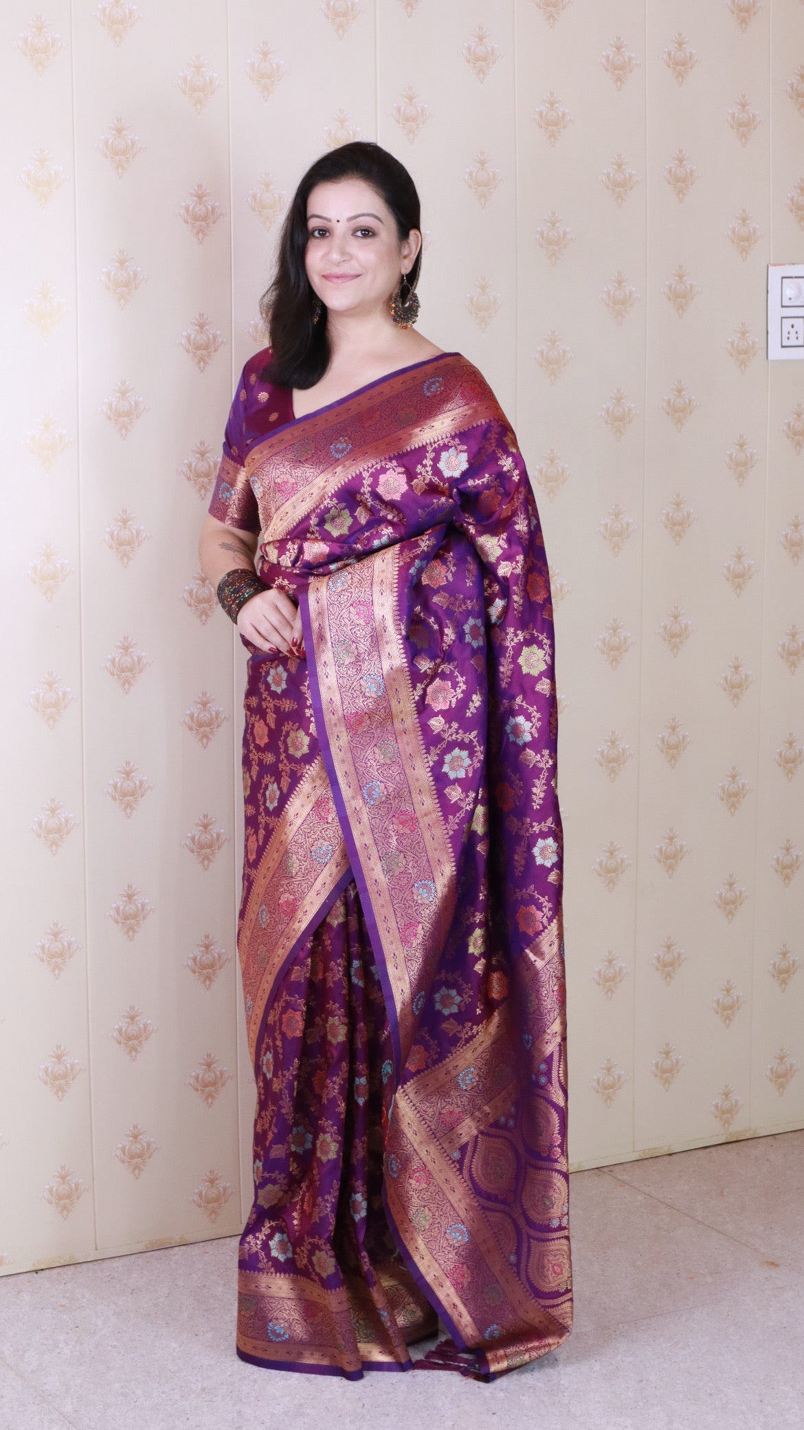 Purple Banarasi Jaal Soft Silk Gold Zari Meenakari Woven Saree