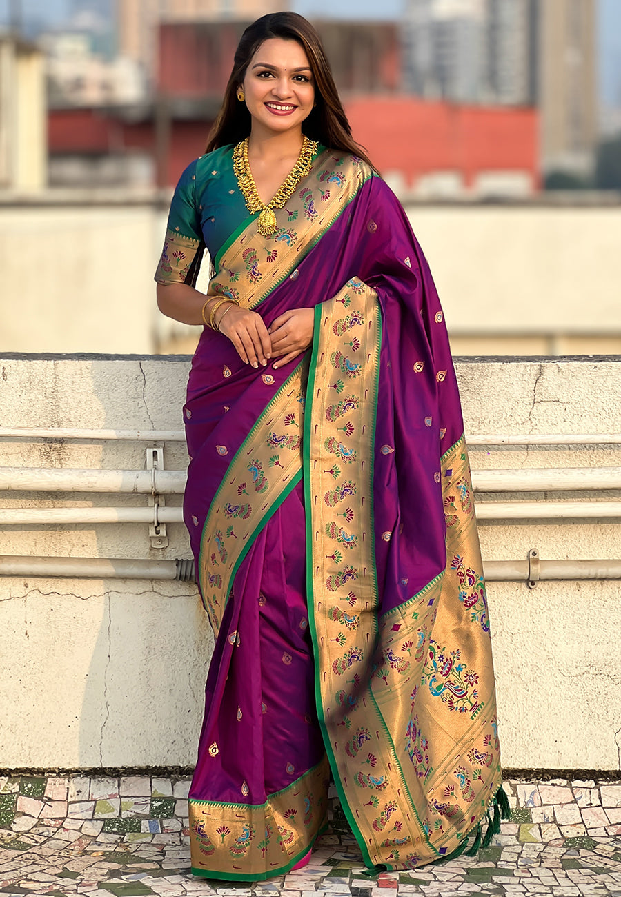 Wine Zari Woven Tiny Nath Meenakari Contrast Yeola Paithani Silk Saree