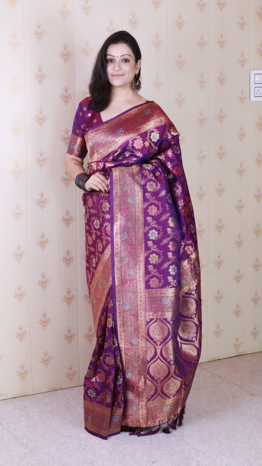 Purple Banarasi Jaal Soft Silk Gold Zari Meenakari Woven Saree