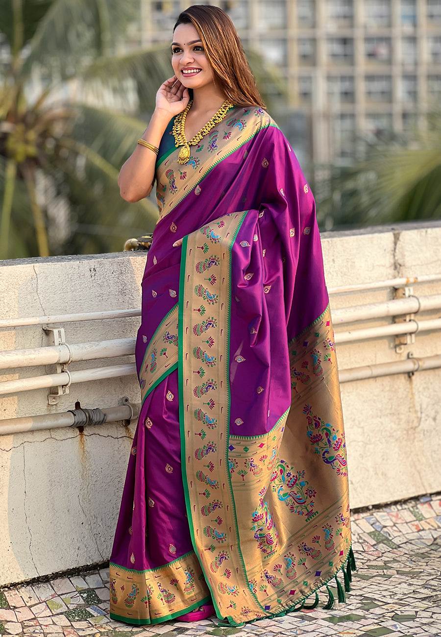 Wine Zari Woven Tiny Nath Meenakari Contrast Yeola Paithani Silk Saree
