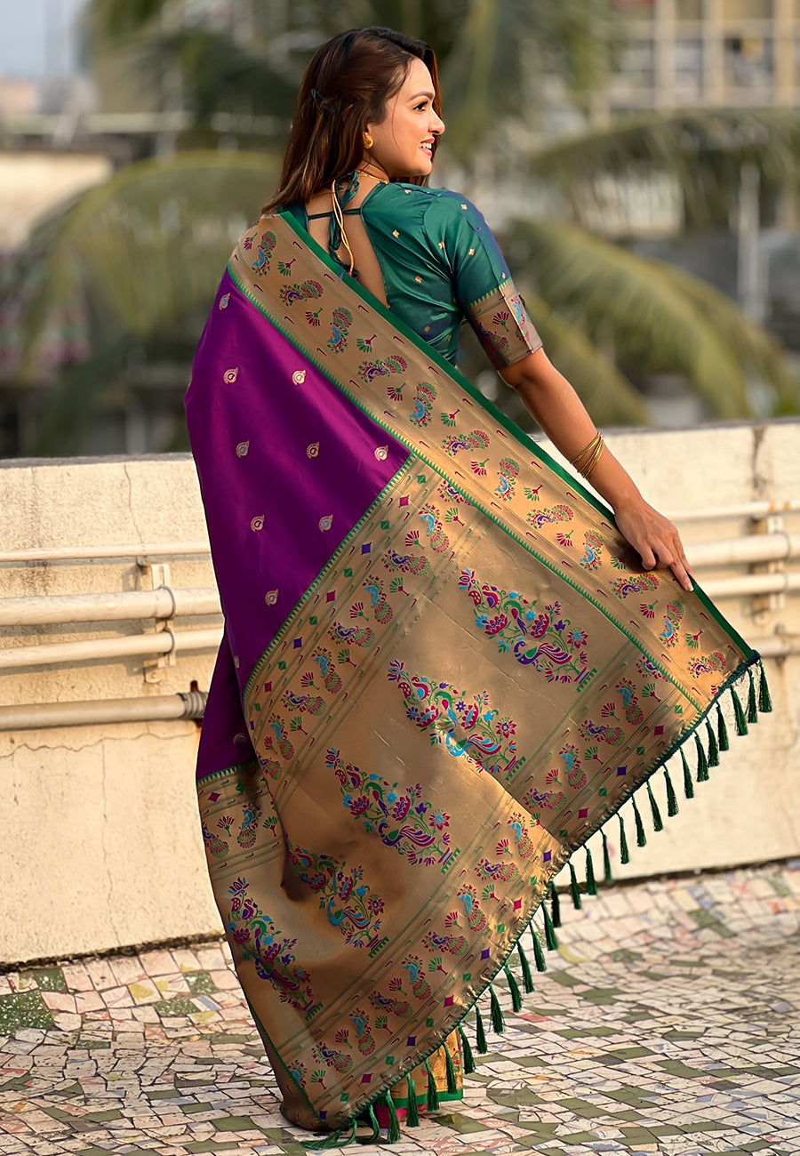 Wine Zari Woven Tiny Nath Meenakari Contrast Yeola Paithani Silk Saree