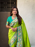 Parrot Green Soft Silk Swan Rajhans Paithani Saree