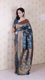 Denim Blue Banarasi Jaal Soft Silk Gold Zari Meenakari Woven Saree