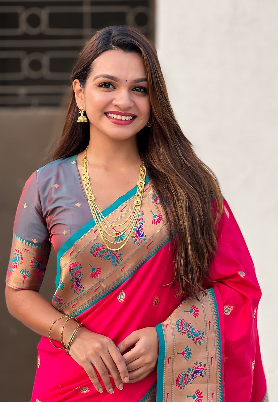 Pink Zari Woven Tiny Nath Meenakari Contrast Yeola Paithani Silk Saree